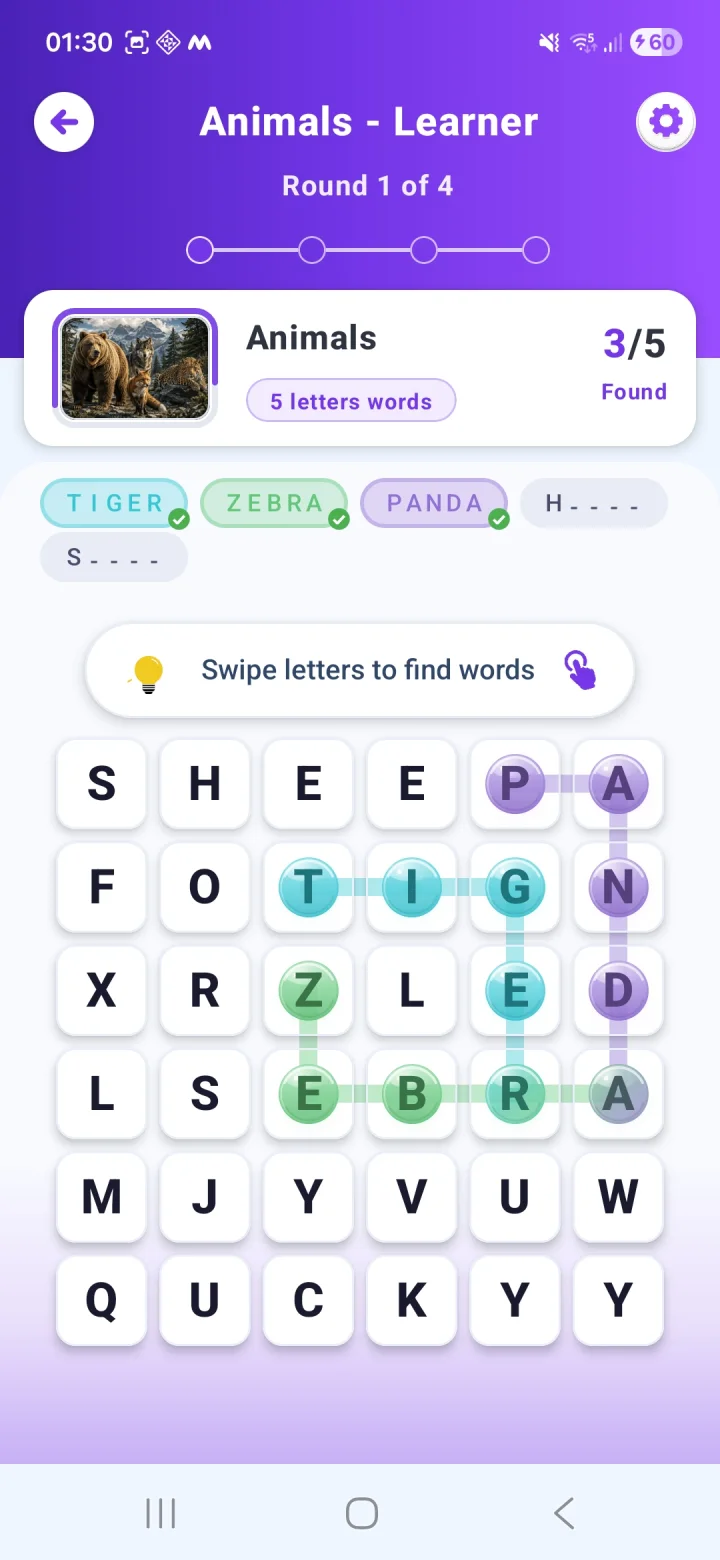 Word Quest word grid screen